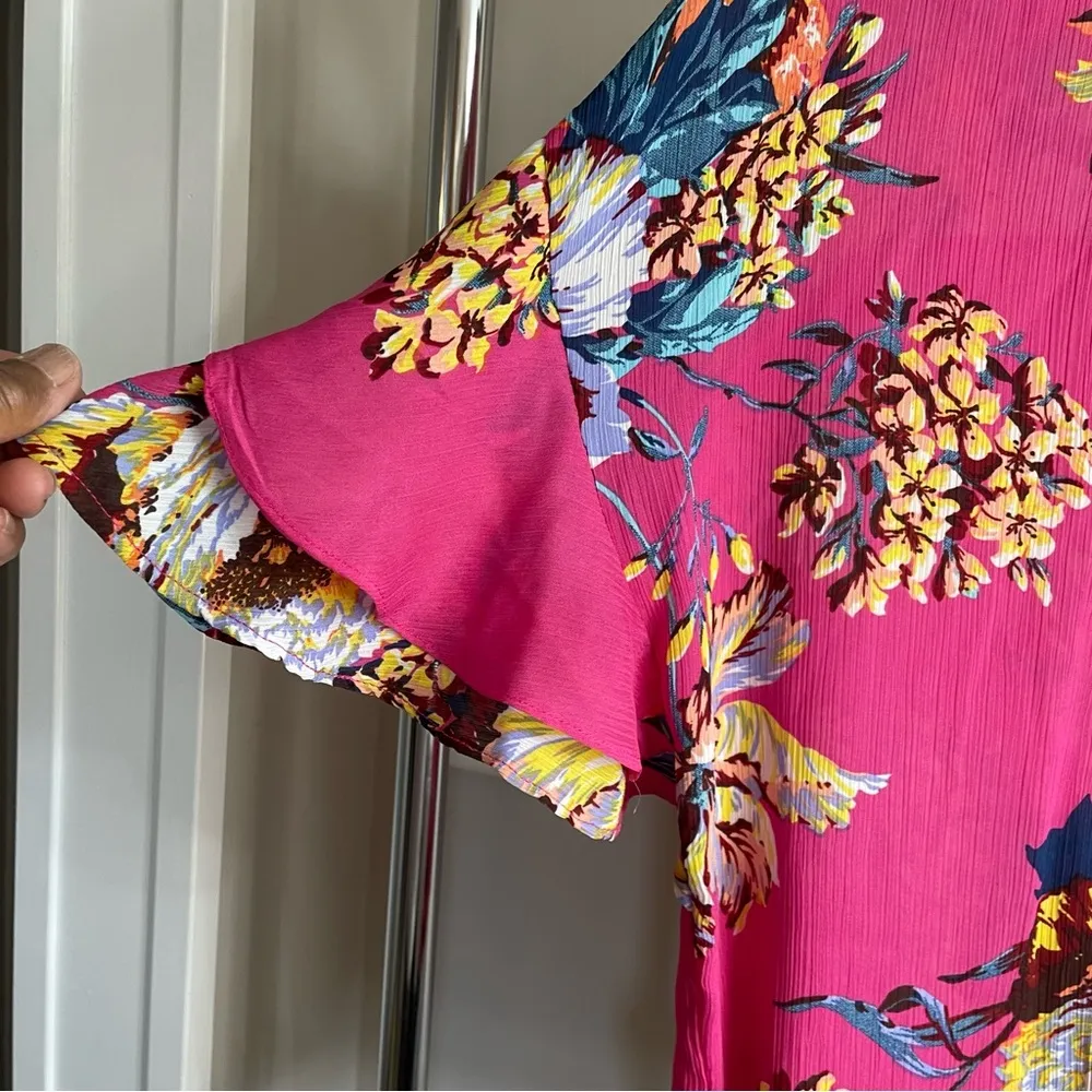 Umgee Floral Faux-Wrap Bell Sleeve Women's Gauze Medium Top - Image 3