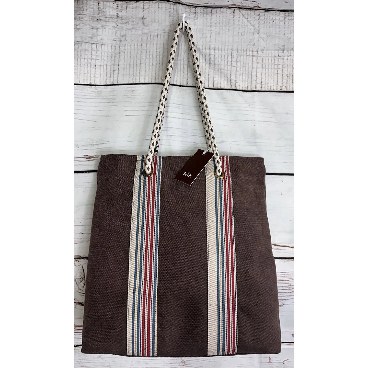 The Sak‎ Denim Striped Canvas Organizer Shoulder Strap Tote Brown Women's Purse - Image 11