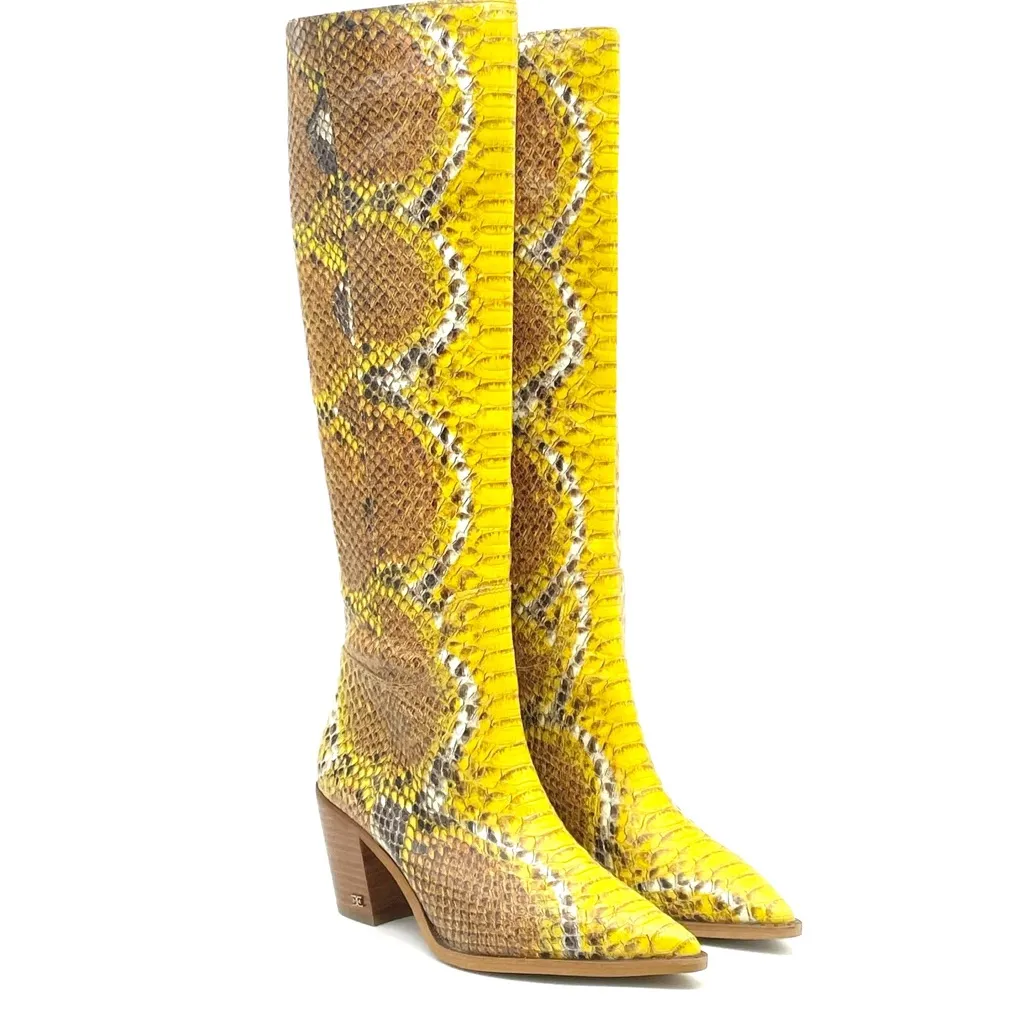 Sam Edelman Lindsey Tall Western Boots Sz 8 Yellow Leather Snake Print Knee High - Image 5