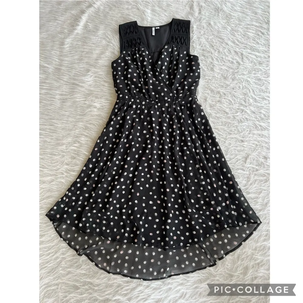 Elle Dress Black Polka Dot Chiffon High Low Fit & Flare XS Cocktail Office Chic - Image 11