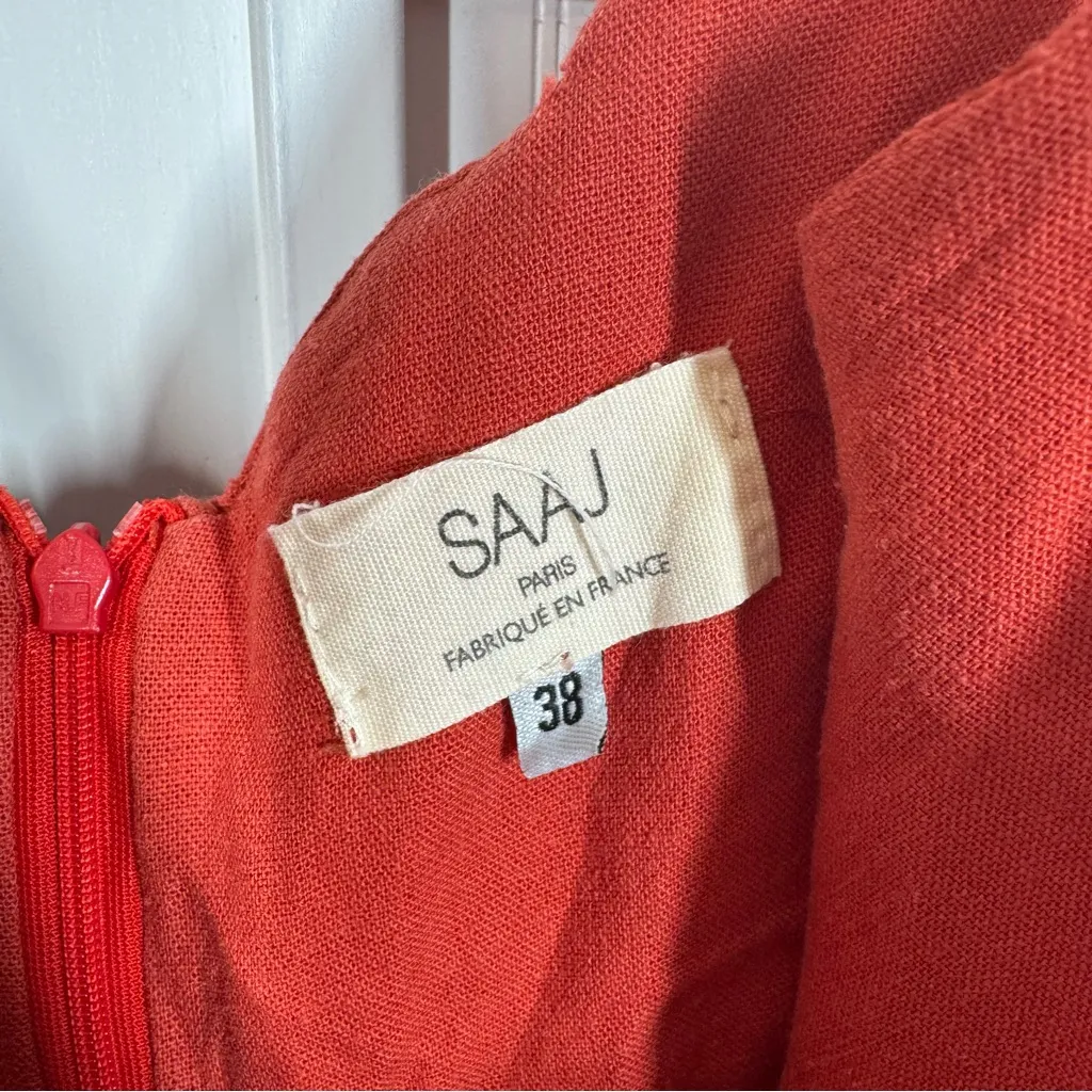 SAAJ Paris Robe Adele Corail coral linen viscose Mini Dress size 6 resortwear Orange - Image 2