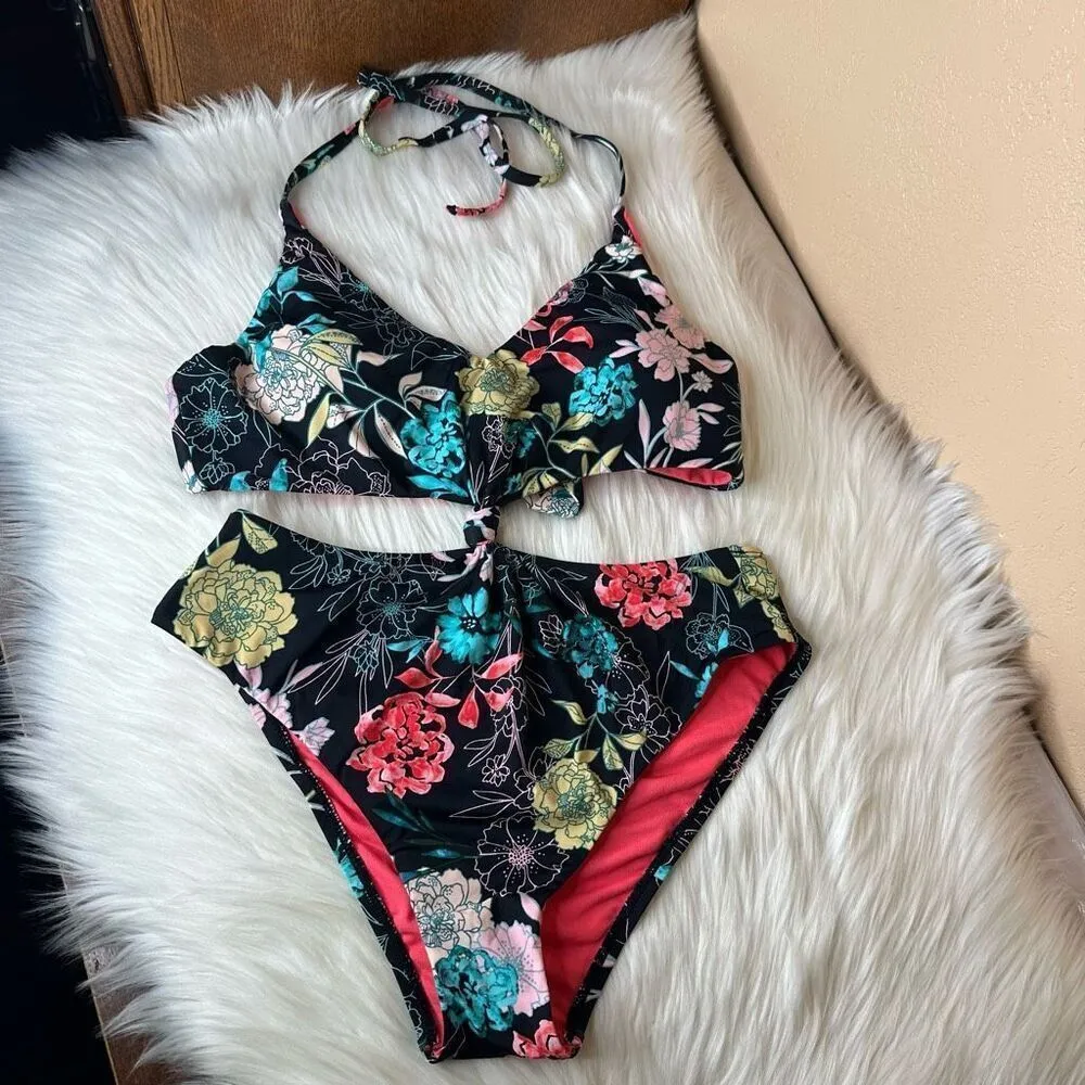 Bar Ill Rose Garden Twist Front Cut-Out Black Floral Halter One-Piece Swimsuit M - Image 6