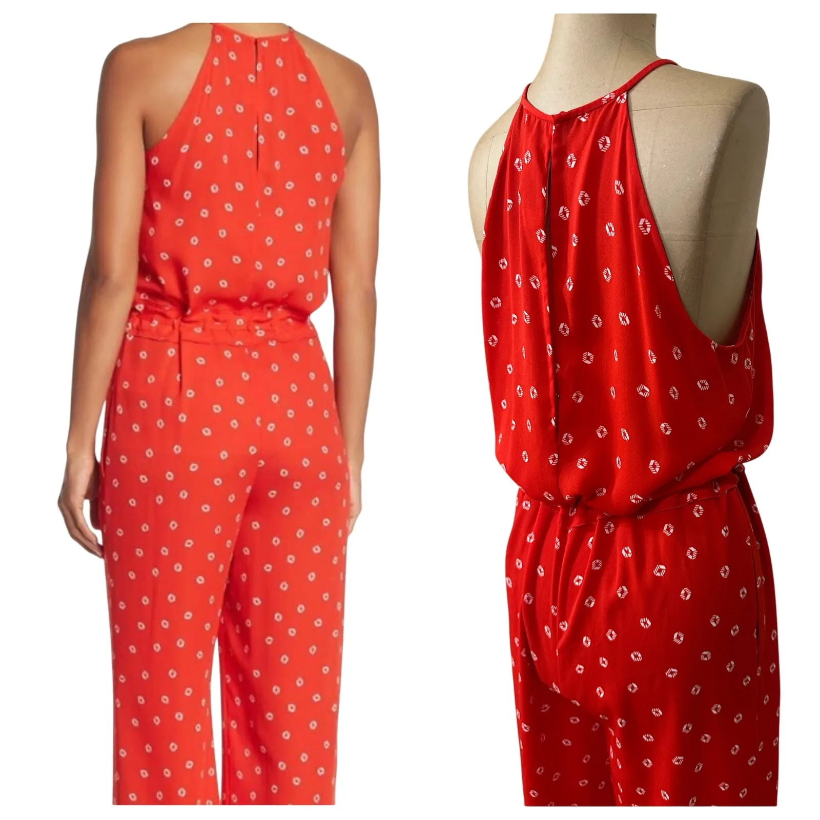 DVF Jumpsuit Red Print Sleeveless Halter Neck Drawstring Waist - Image 3
