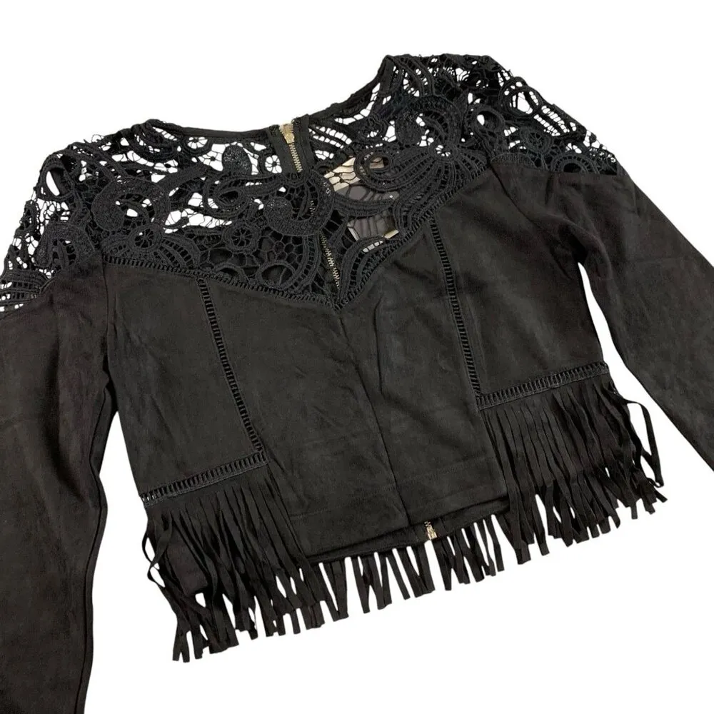 JOA Los Angeles Black Crochet Fringe Crop Jacket Boho Lace Long Sleeve Top XS - Image 2