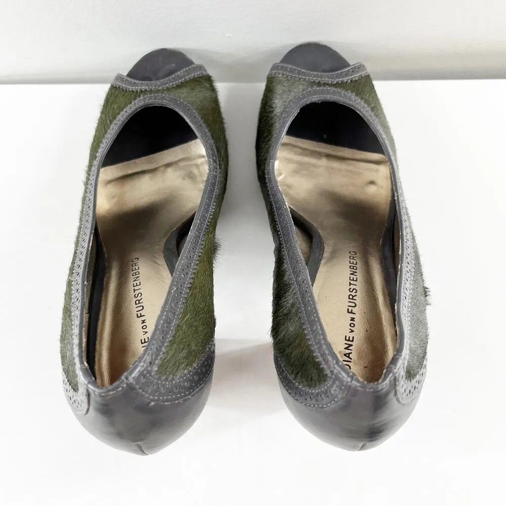 Diane Von Furstenberg Pony Calf Hair Leather Peep Toe Pumps Heels Green 7.5 - Image 6