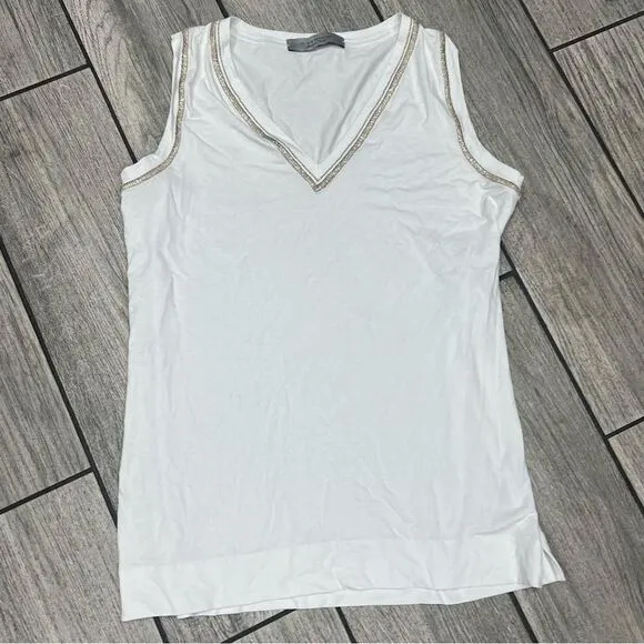 D. Exterior white V neck beaded and gold‎ lurex tank italy $170 - Image 2
