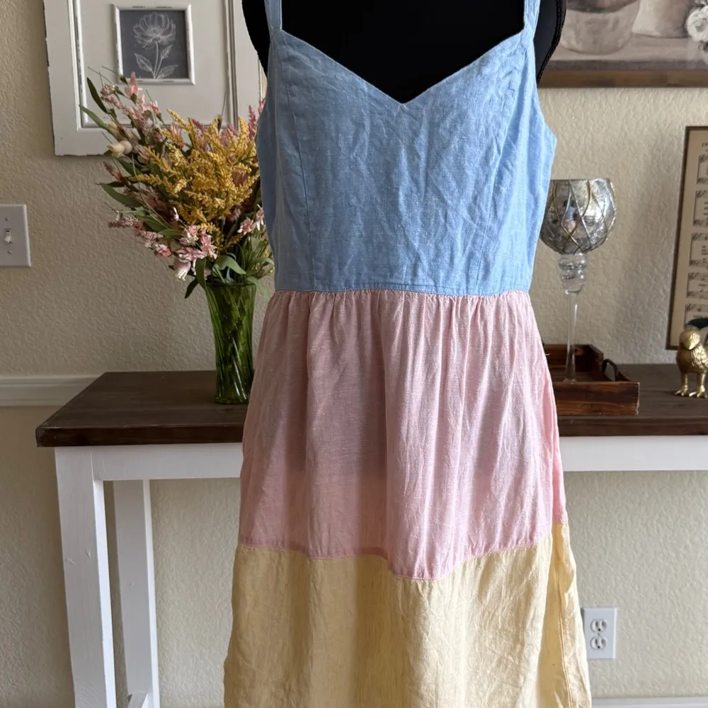 Colorblock Cottage Linen Sundress Cynthia Rowley Medium Blue Pockets Midi Dress - Image 5