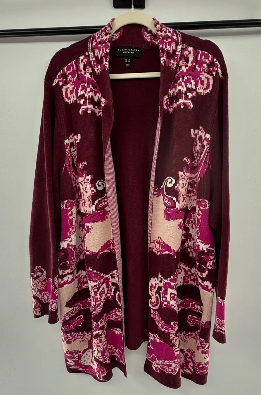 Susan Graver Weekend Burgundy Pink Jacquard Open Front Cardigan Womens 3X Purple Size undefined - Image 1