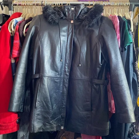 Massini Vtg Leather Jacket - L Hooded, Faux Fur Black Full Zip - Image 1