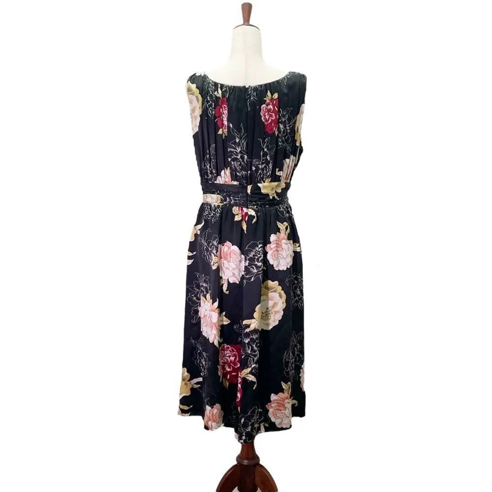 Spiegel 100% Silk Floral Midi Dress Black Rose Sleeveless V-Neck Size 14 Vintage - Image 3