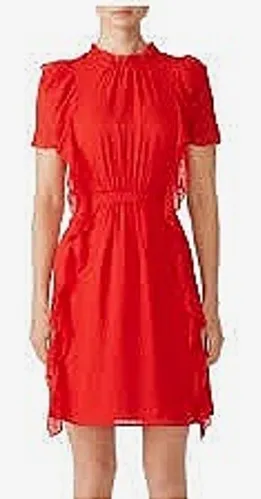 Monique Lhuillier Red Swiss Dot Ruffle Neck Flutter Sleeve Dress Size 10 Party - Image 1