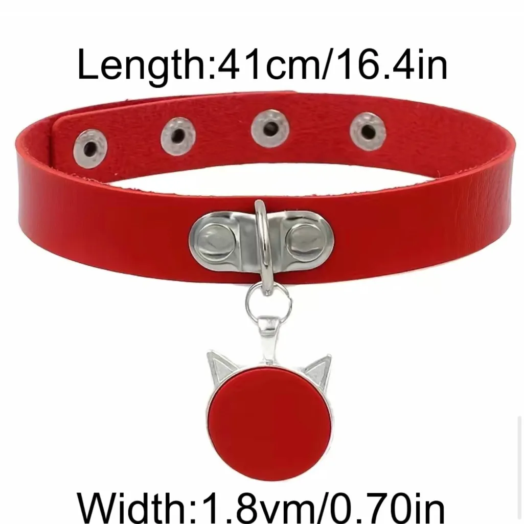 Personality Punk Kitten Head Pendant Faux‎ Leather Choker Necklace Ladies Gothic Red - Image 2