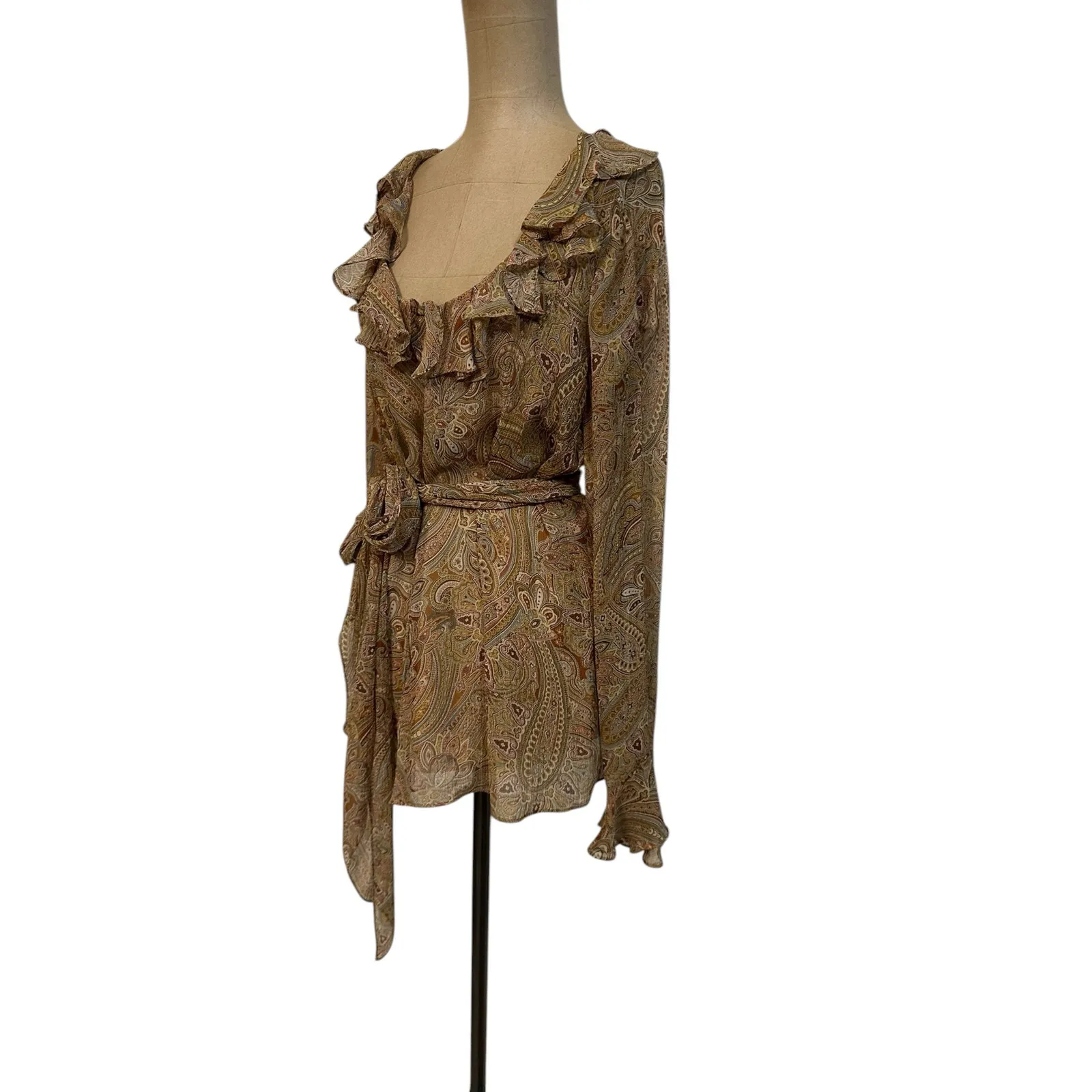 Lauren Ralph Lauren Blouse Brown Sheer Floral Silk Ruffle Paisley Print - Image 6
