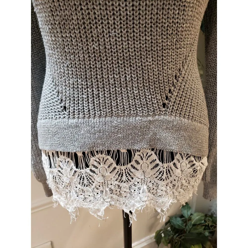 Monteau Women's Gray Open Knit Crochet Trim Round Neck Long Sleeve Sweater M - Image 4