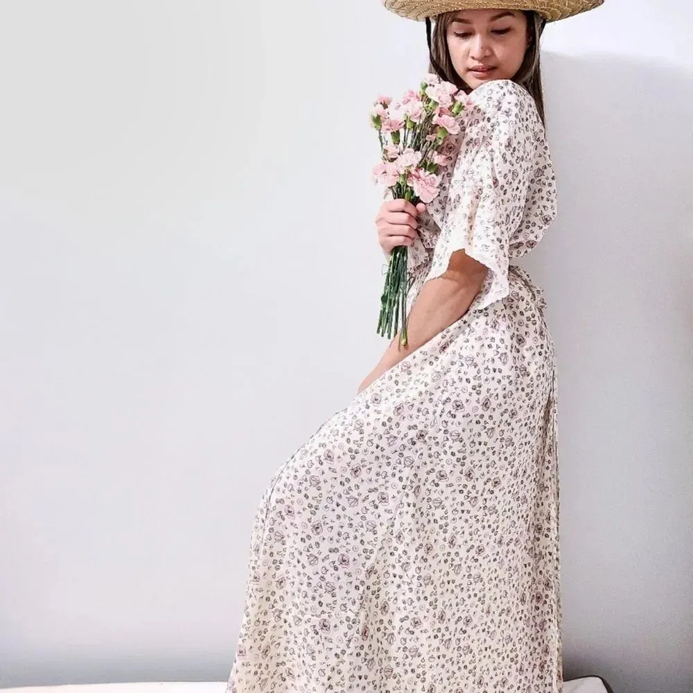 MIUMIU Silk Floral Print Crepe de Chine Maxi Dress in Nude size‎ 42 - Image 4