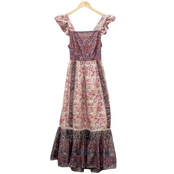 NEW Haute Hippie Tiered Maxi Dress Red Blue Floral Size 10 Prairie Boho Cowgirl - Image 3