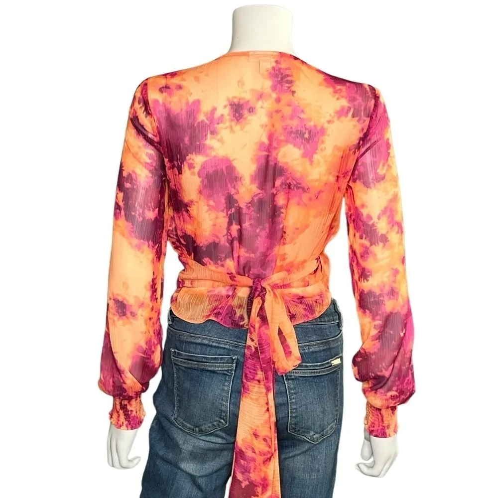 Bar III Tie Dye Wrap Blouse Pink Orange V-Neck Long Sleeve Sheer Boho Y2K Size S - Image 6
