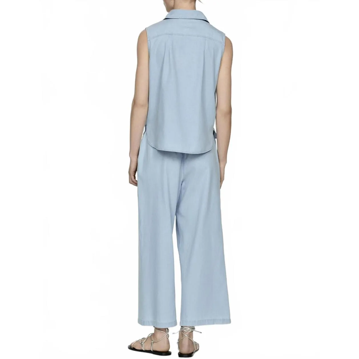 Mango 100% Cotton Chambray Elastic Fluid Cotton Pants Light Blue Small - Image 6