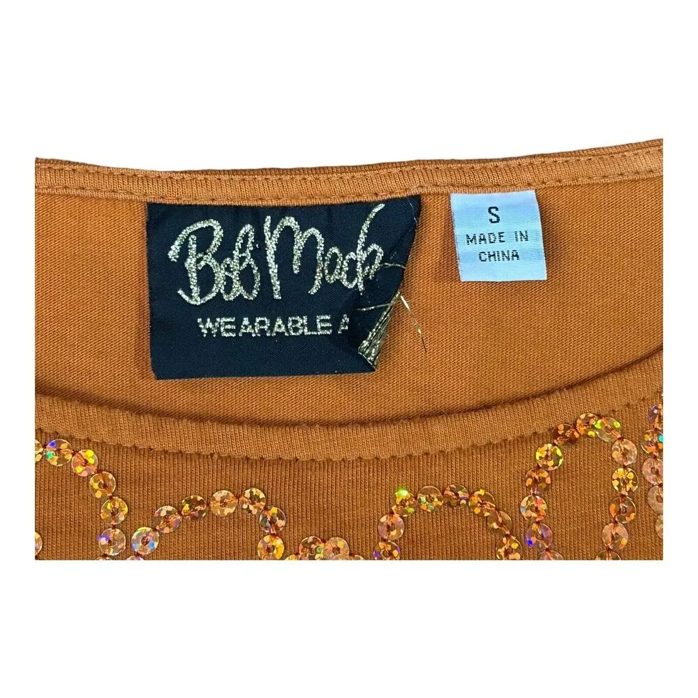 Bob Mackie Wearable Art Sequined T-Shirt Orange Quarter Sleeves Size Small - Image 6