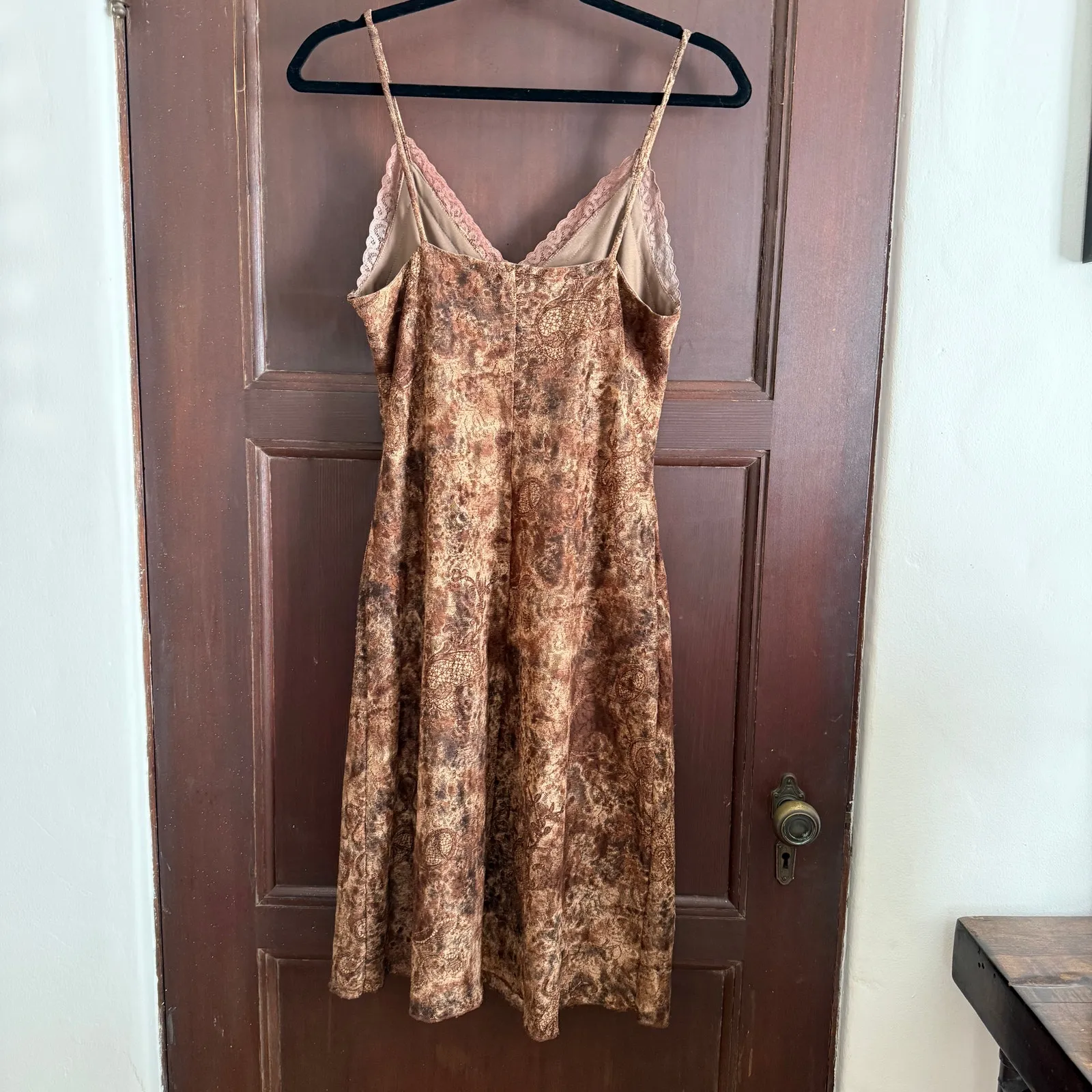 90s Vintage CDC PETITES Mottled Brown Lace Lingerie Inspired Midi Slip Dress 12P Size L - Image 3