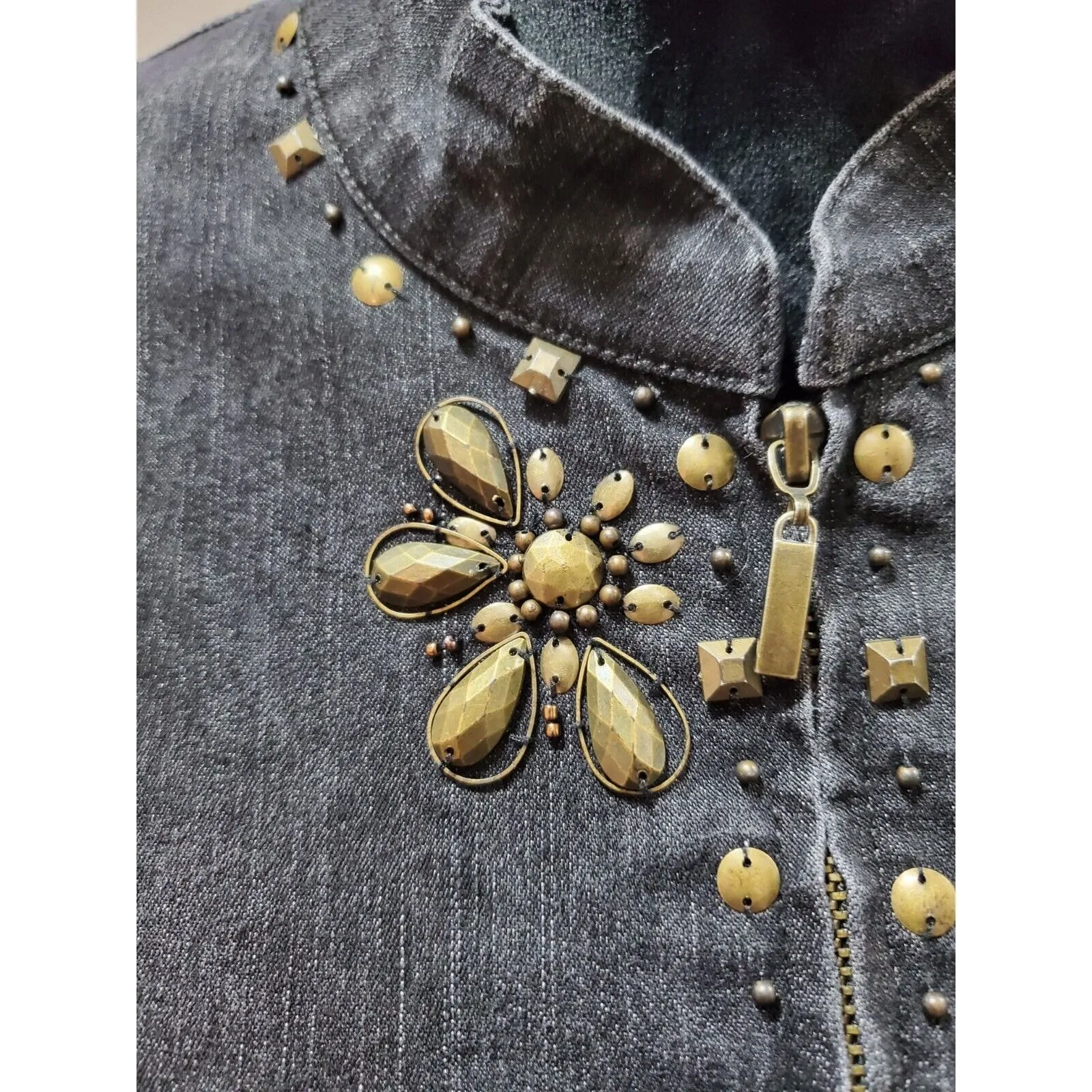 Alfred Dunner Women Gray Denim Ramie Long Sleeve Full Zip Casual Jacket Size 16W - Image 5