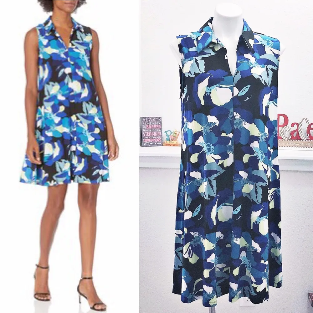 Nine West Shirt Dress Printed Trapeze Mini, Blue Black Multi Size 14 NEW - Image 11