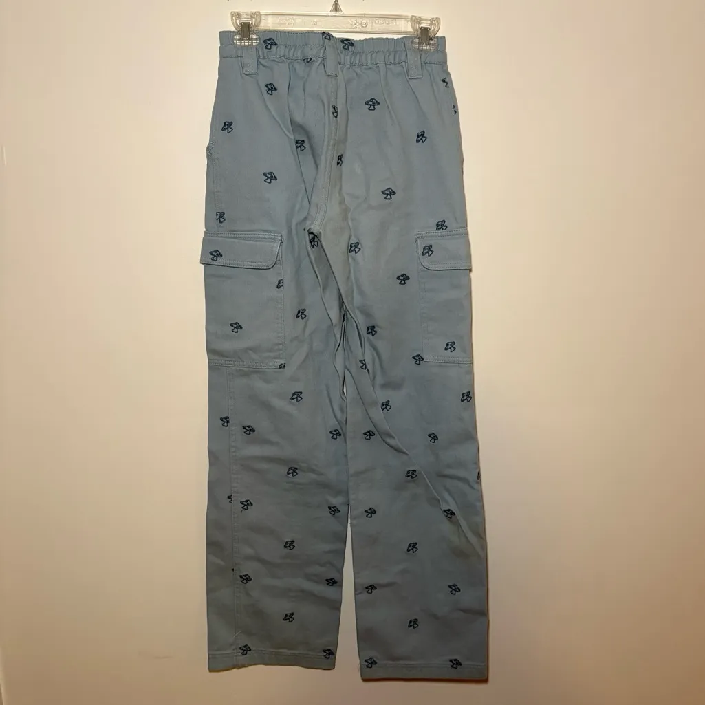 Pacsun Womens XS Blue Baggy Carpenter Mushroom Novelty Cargo Pants Embroidered - Image 9