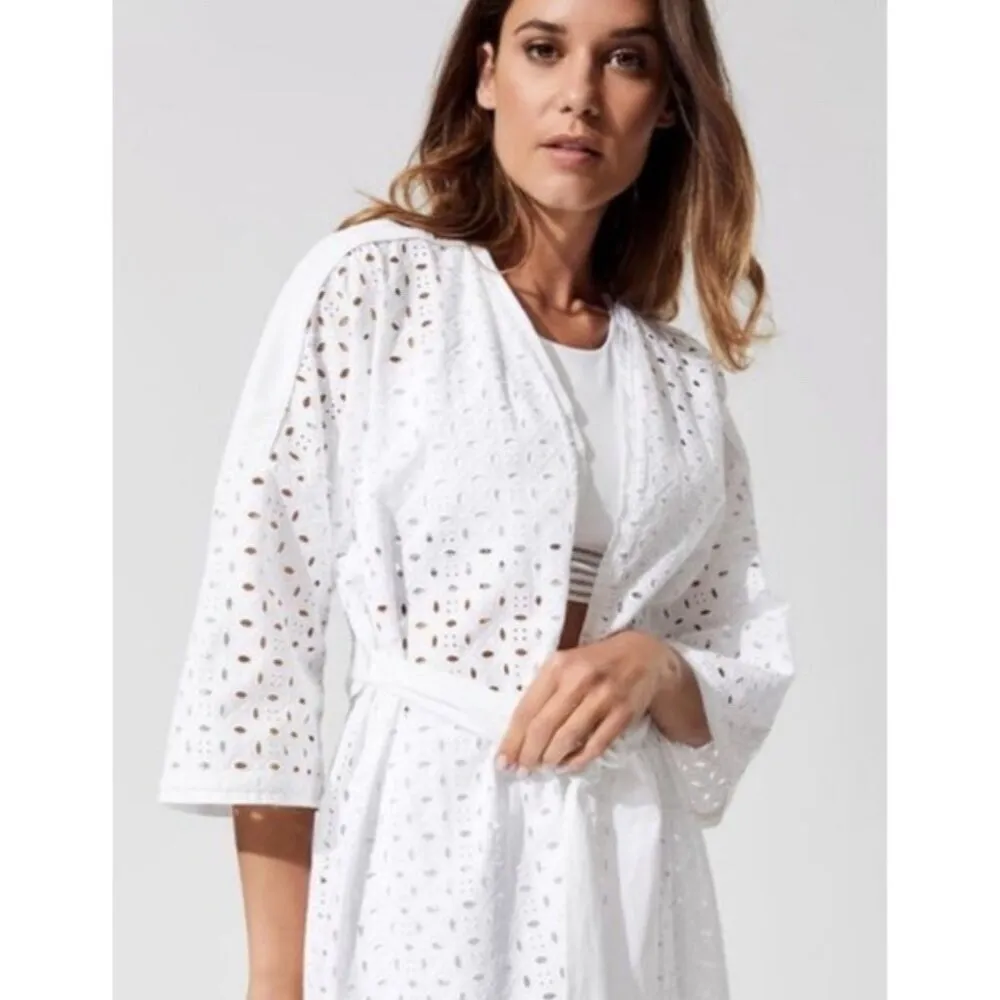 Carbon 38 Eyelet Kimono Robe Women M/L White Swim Cover Beach Coastal‎ Waist Tie - Image 7