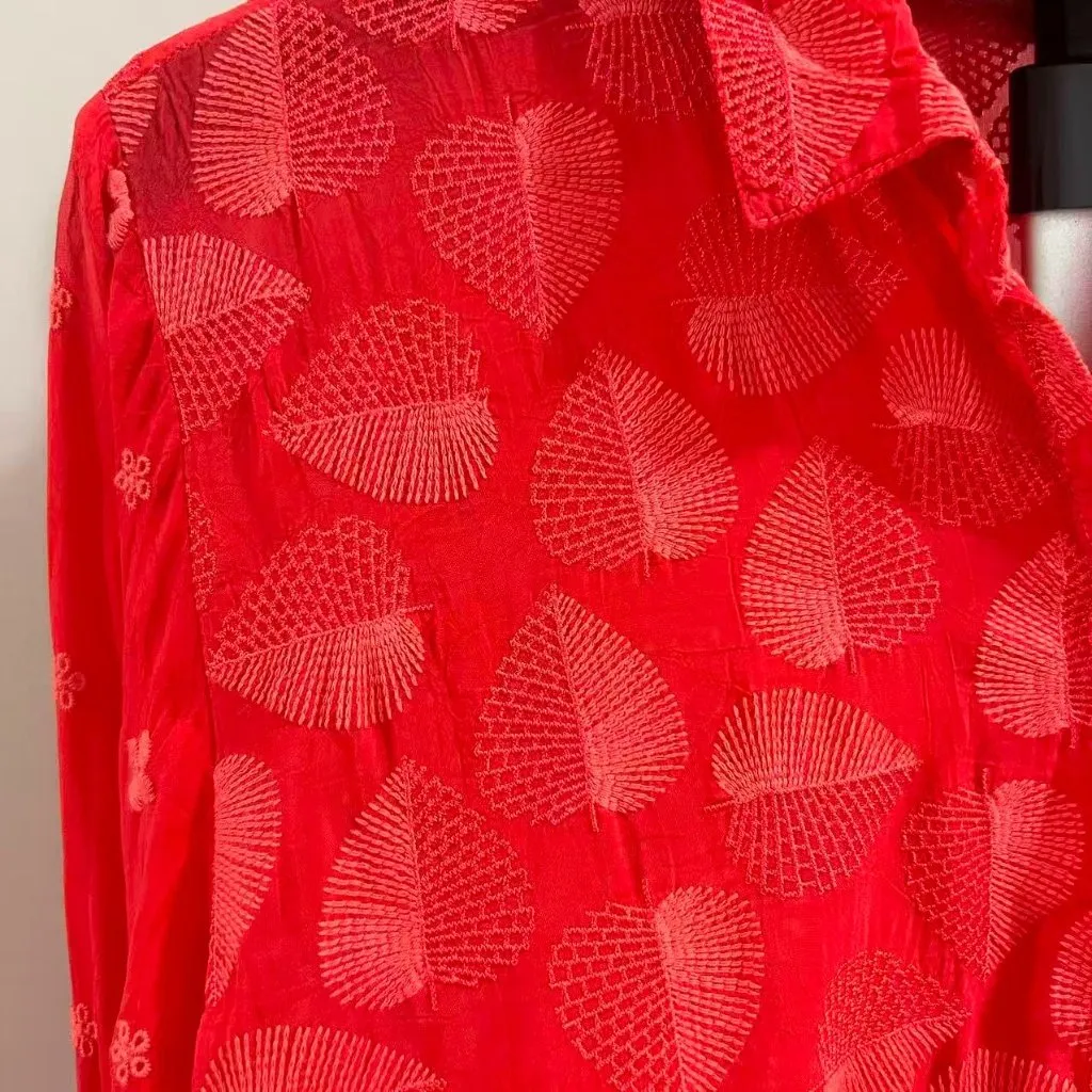 $350 NWOT Johnny Was Desi Embroidered Floral Red Eyelet Button Shirt Blouse Sz L - Image 13