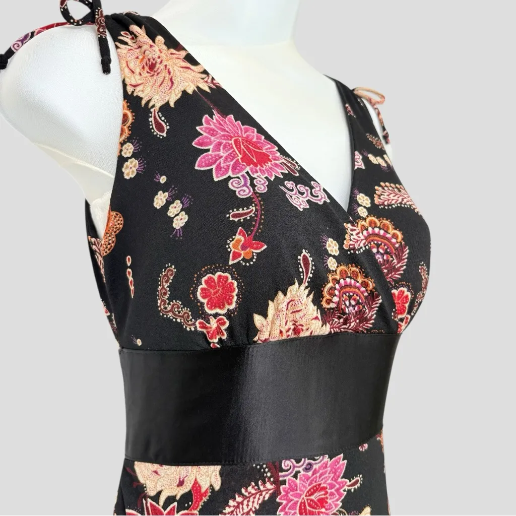 VTG 90s Whimsigoth Dark Coquette Dress M Satin Lace-up Black Floral Babydoll - Image 3