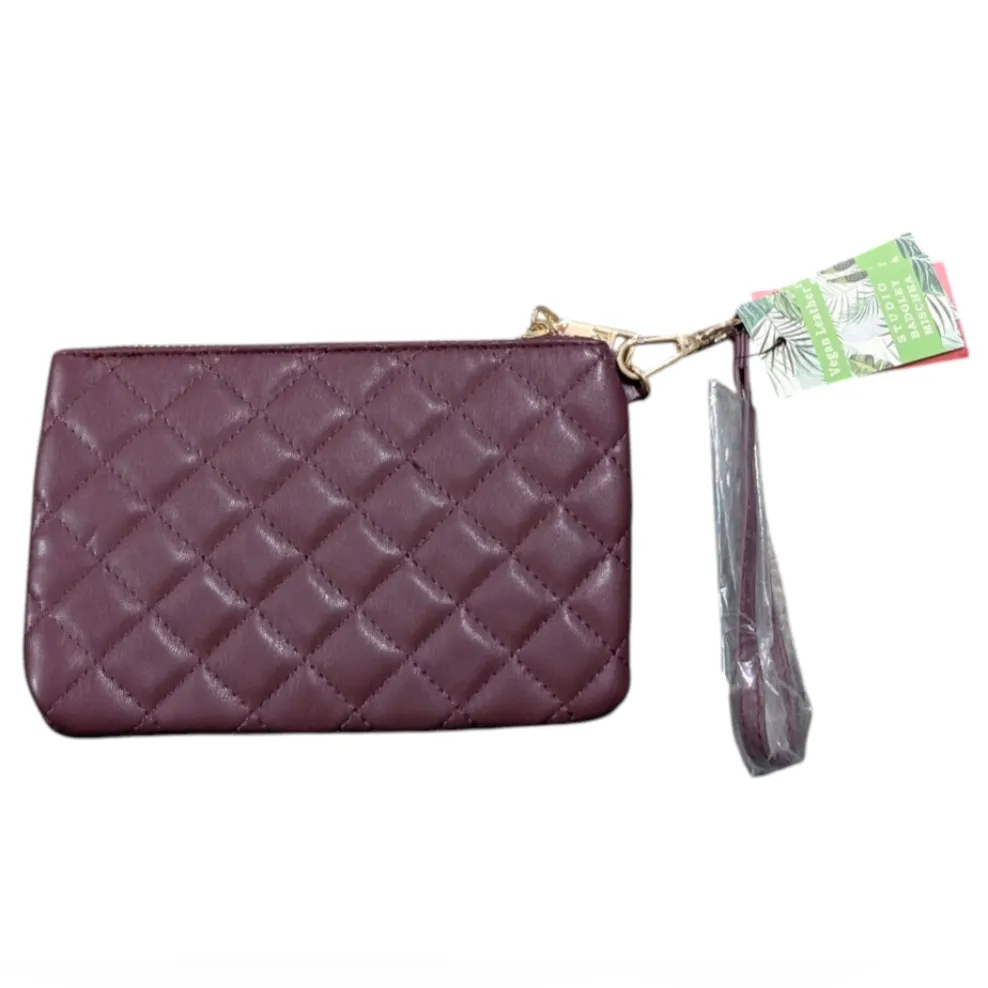 Badgley Mischka Quilted Vegan Leather Wine and Gold Wristlet - Image 2