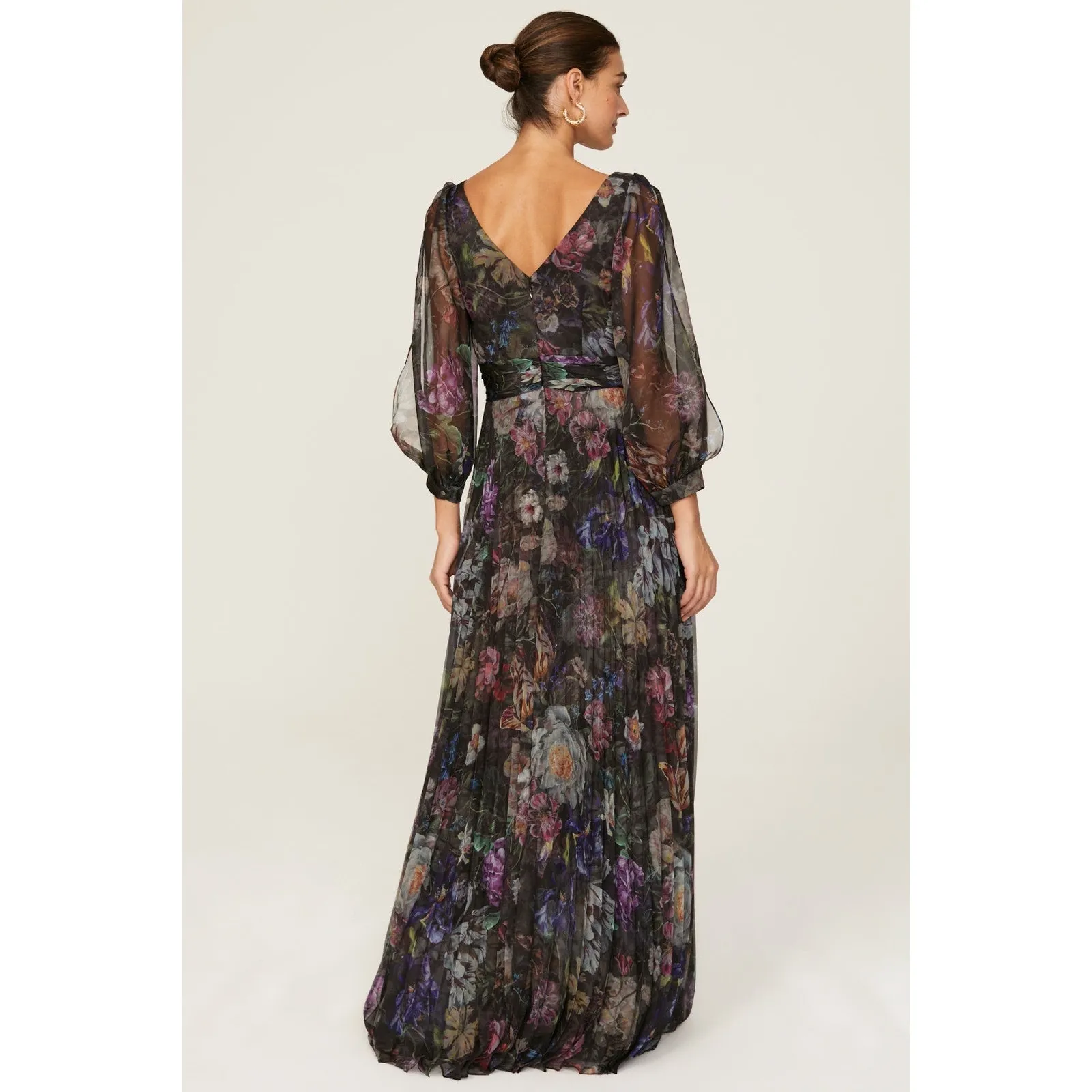 Marchesa Notte Metallic Floral Print Pleated Tulle V - Image 3