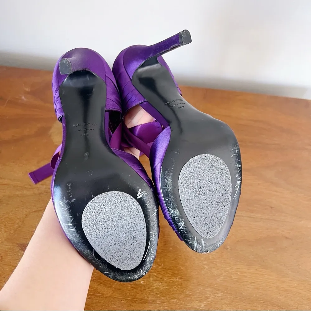TOM FORD • purple satin evening heels pumps peep toe ankle ribbon tie stiletto - Image 10