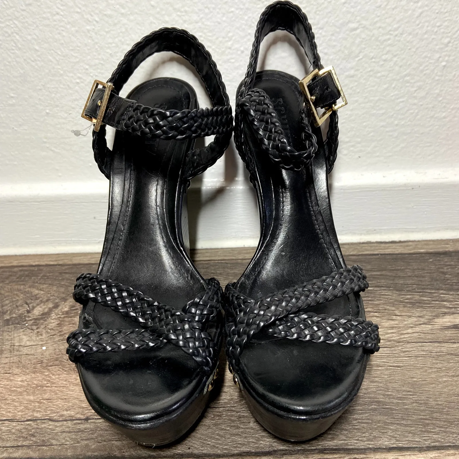 Schutz Wedges Platform Leather Braided Criss Cross Ankle Strap Black 7.5 - Image 2