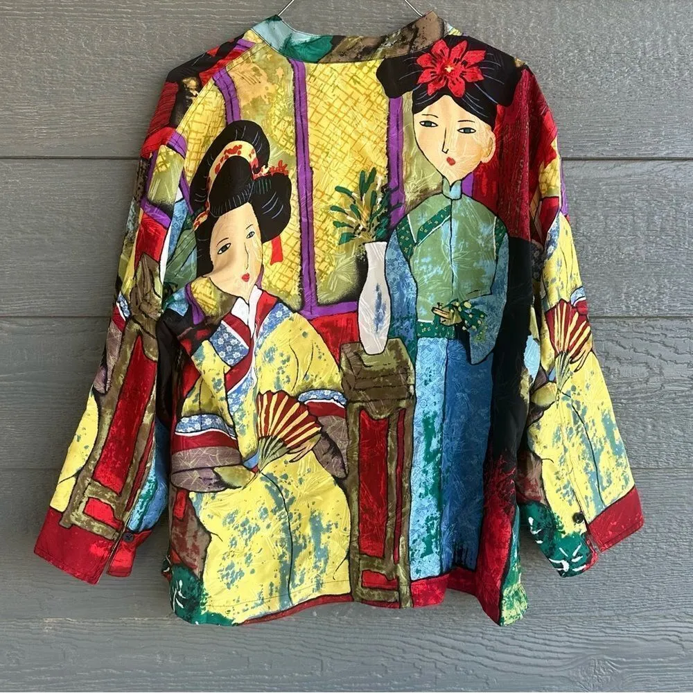 Chico's Design 2 Large Vintage Asian Japanese Colorful Silk Top Kimono-Clad Art - Image 11