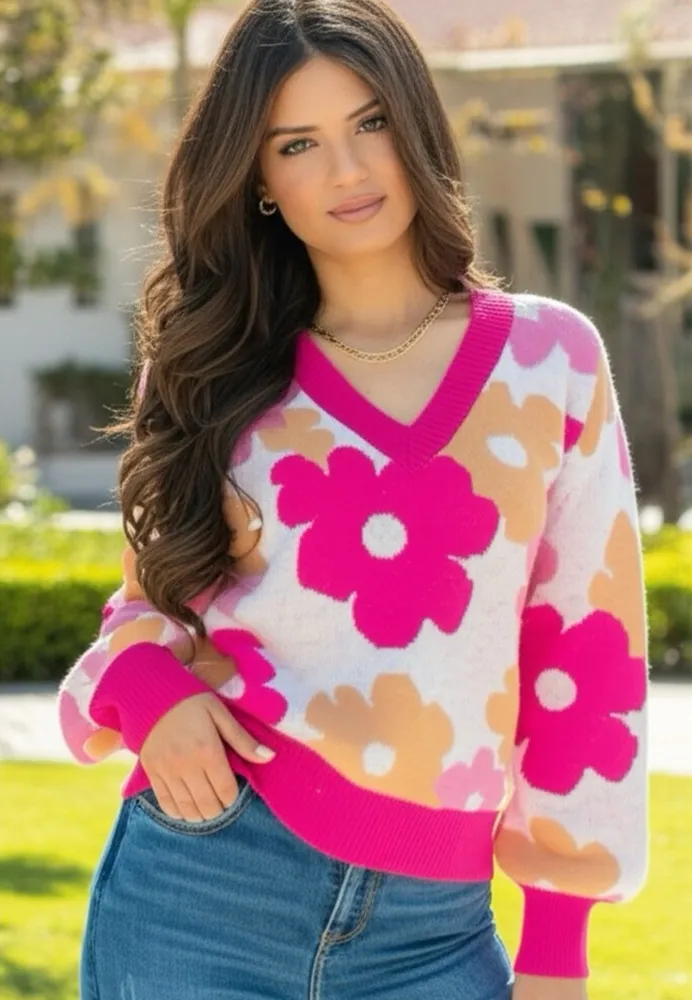 SOUTHERN GRACE Dazed For Days Floral V Neck Sweater in Pink Beige Small 4/6 - Image 1