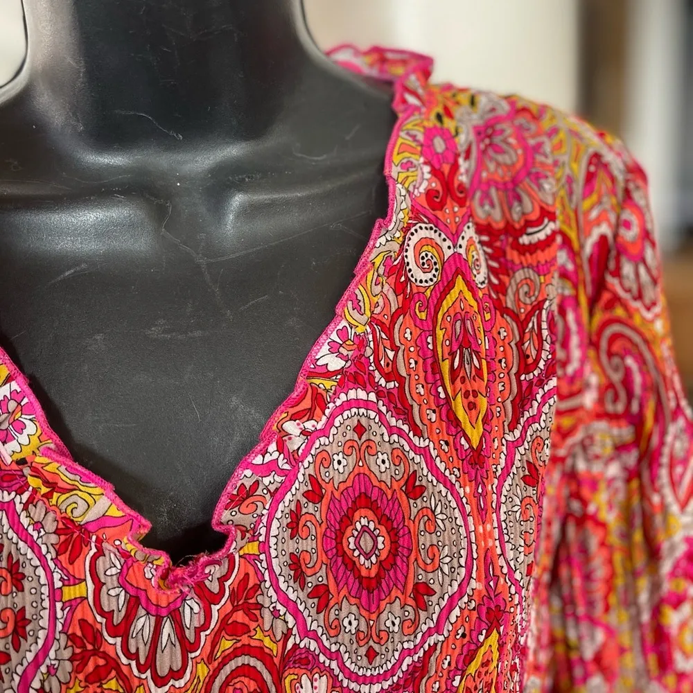 Chloé & René women's shift dress coral red pleated fabric bell sleeves size M - Image 5