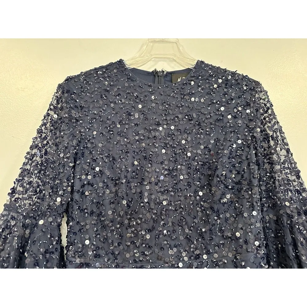 Mac Duggal 10802 Fully Sequined Ruffle Tiered 3/4 Sleeve Midi Dress Navy 4 NEW - Image 3