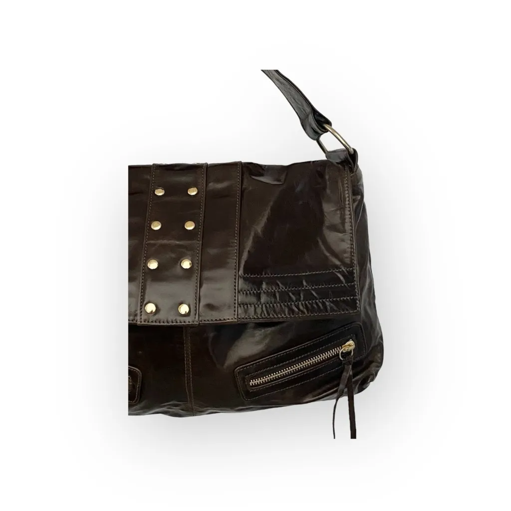 new Emily by Emily ༄ Washed Leather Studded Handbag Bag ༄ Shiny Integral Brown - Image 4