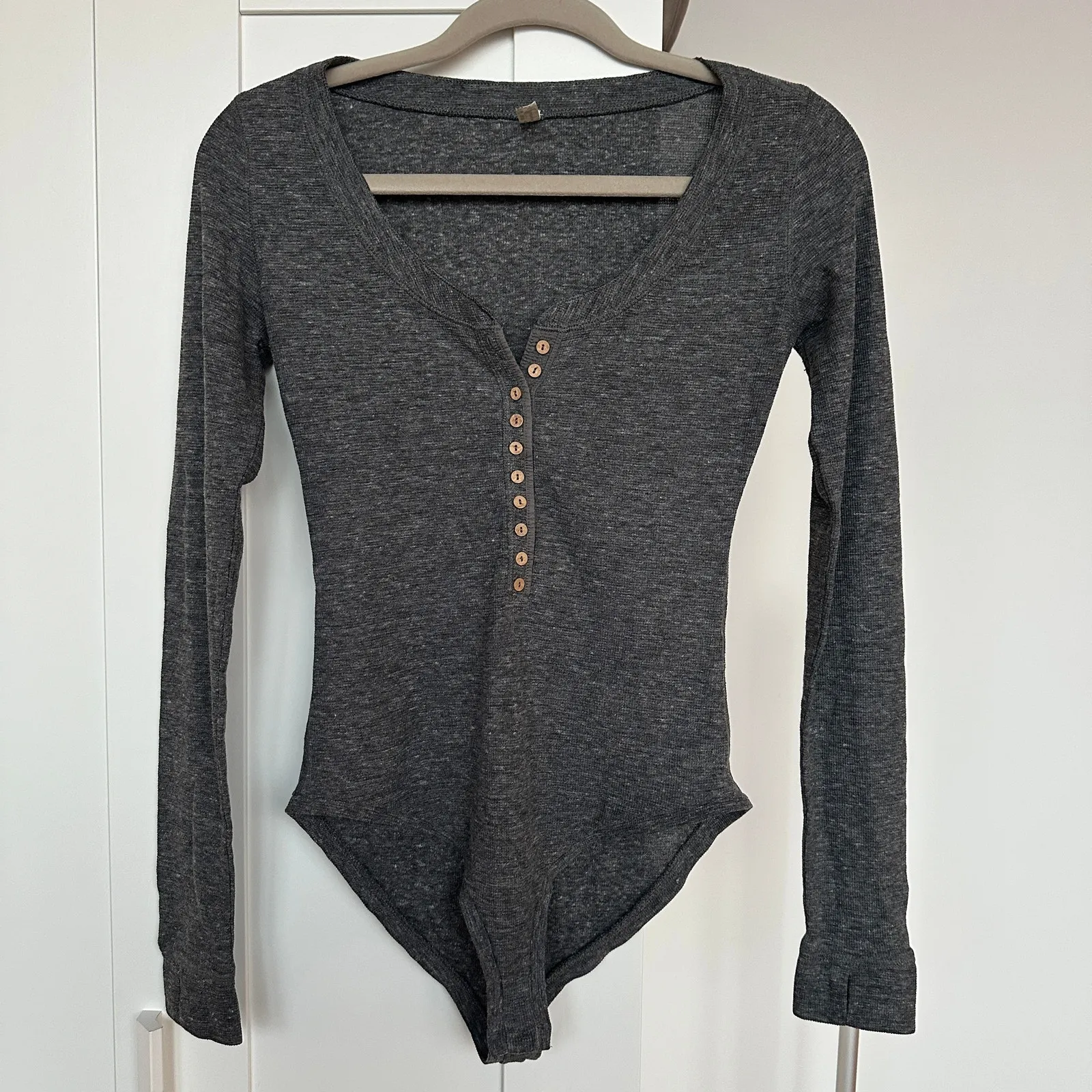 Free People Intimately Dylan Gray Ribbed Long Sleeve Henley Bodysuit, XS, EUC - Image 3