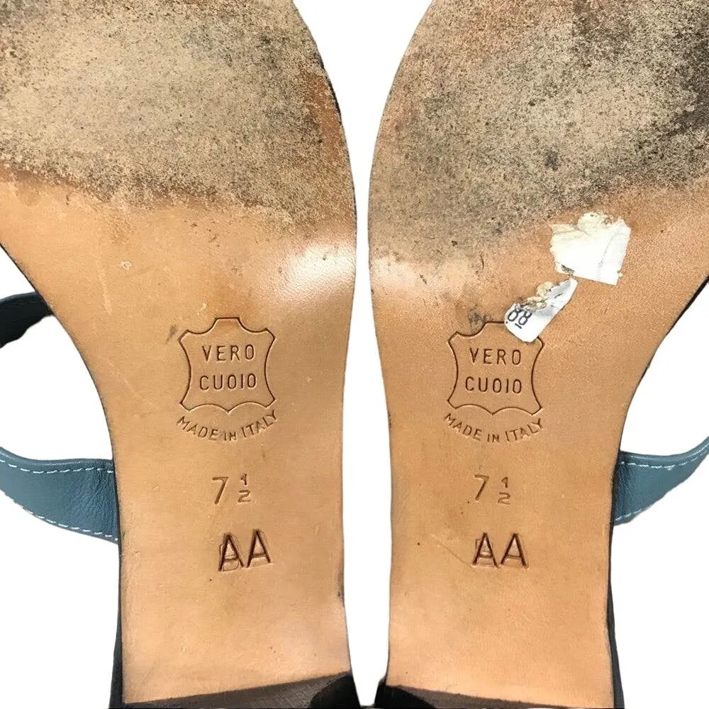 VINTAGE CHARLES JOURDAN Blue Leather Sandals Block Heels Italy 7.5 AA Narrow EUC - Image 7