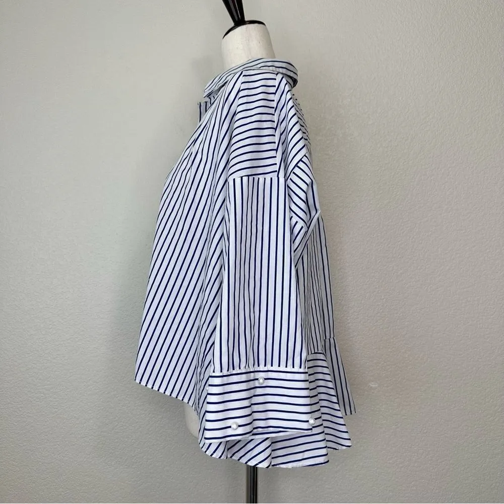 Zara Basic Collection Blue White Striped High-Low Button Down Shirt - Image 4