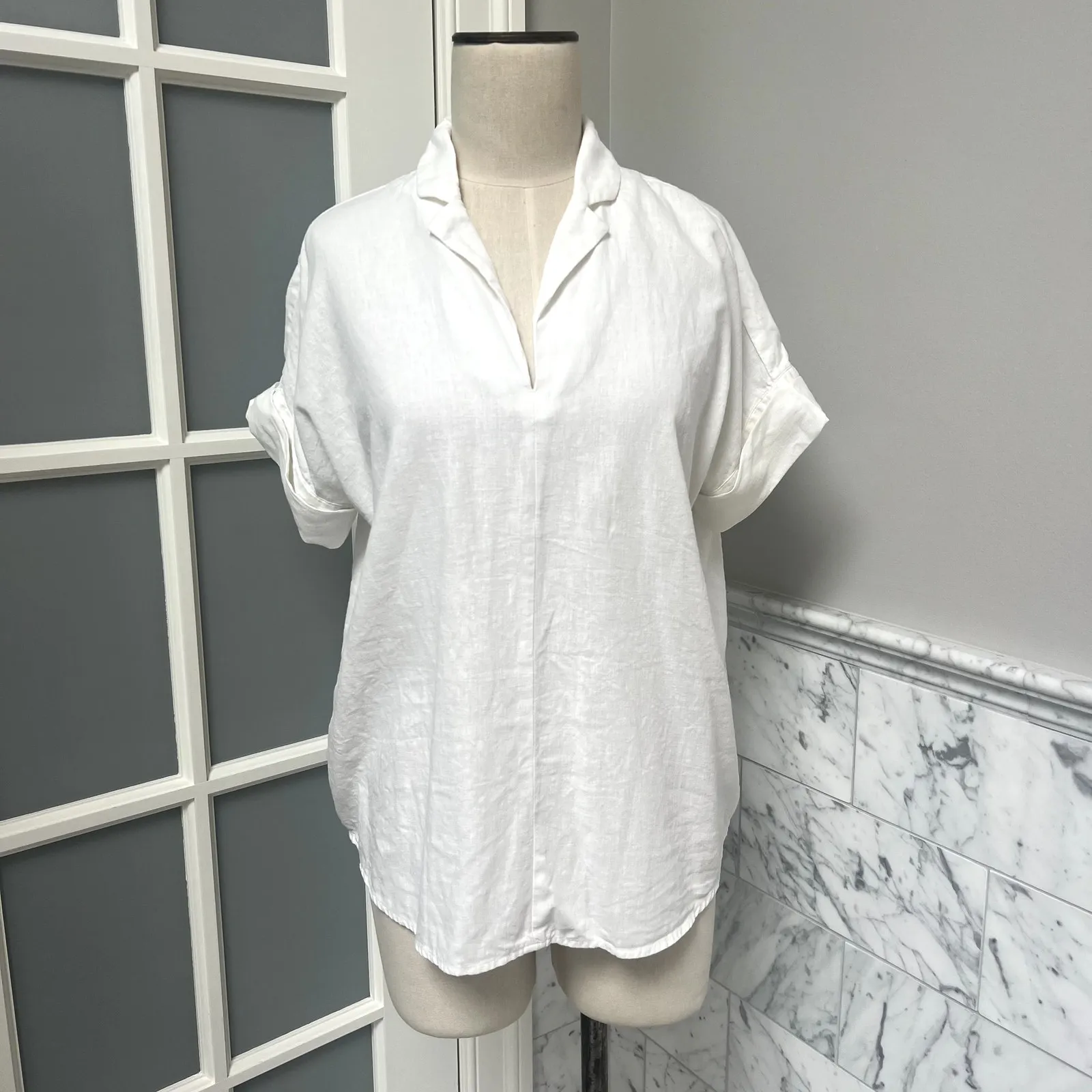 Madewell Hayden Popover Linen Collared V-Neck White Blouse X-Small - Image 2