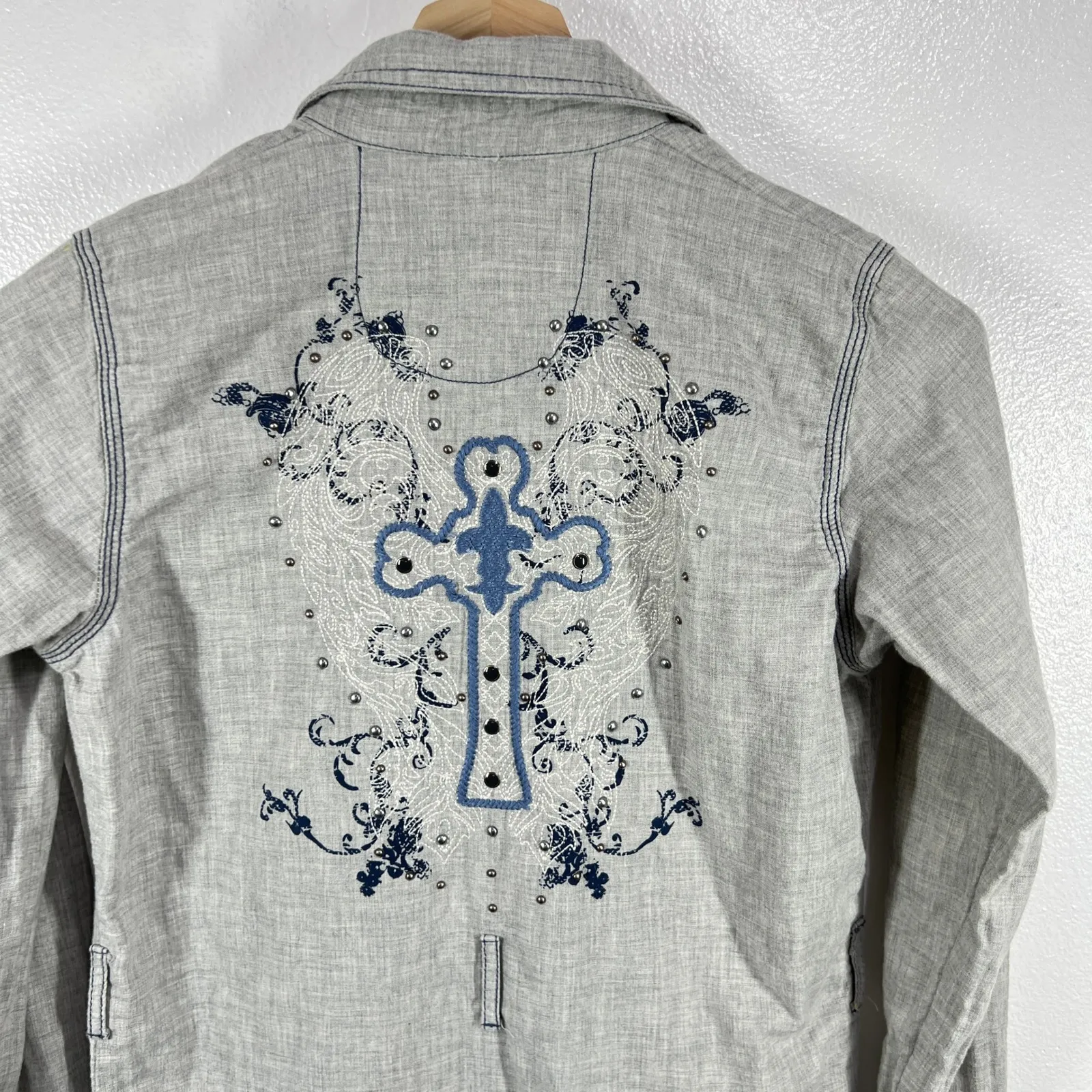 Rock 47‎ by Wrangler Shirt Dress Western Cross Embroidered Long Sleeve Gray S - Image 5