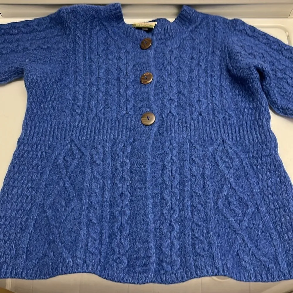 Carraigdonn Made in Ireland Blue Fit Flare Cable Knit Merino Wool Cardigan - Image 11