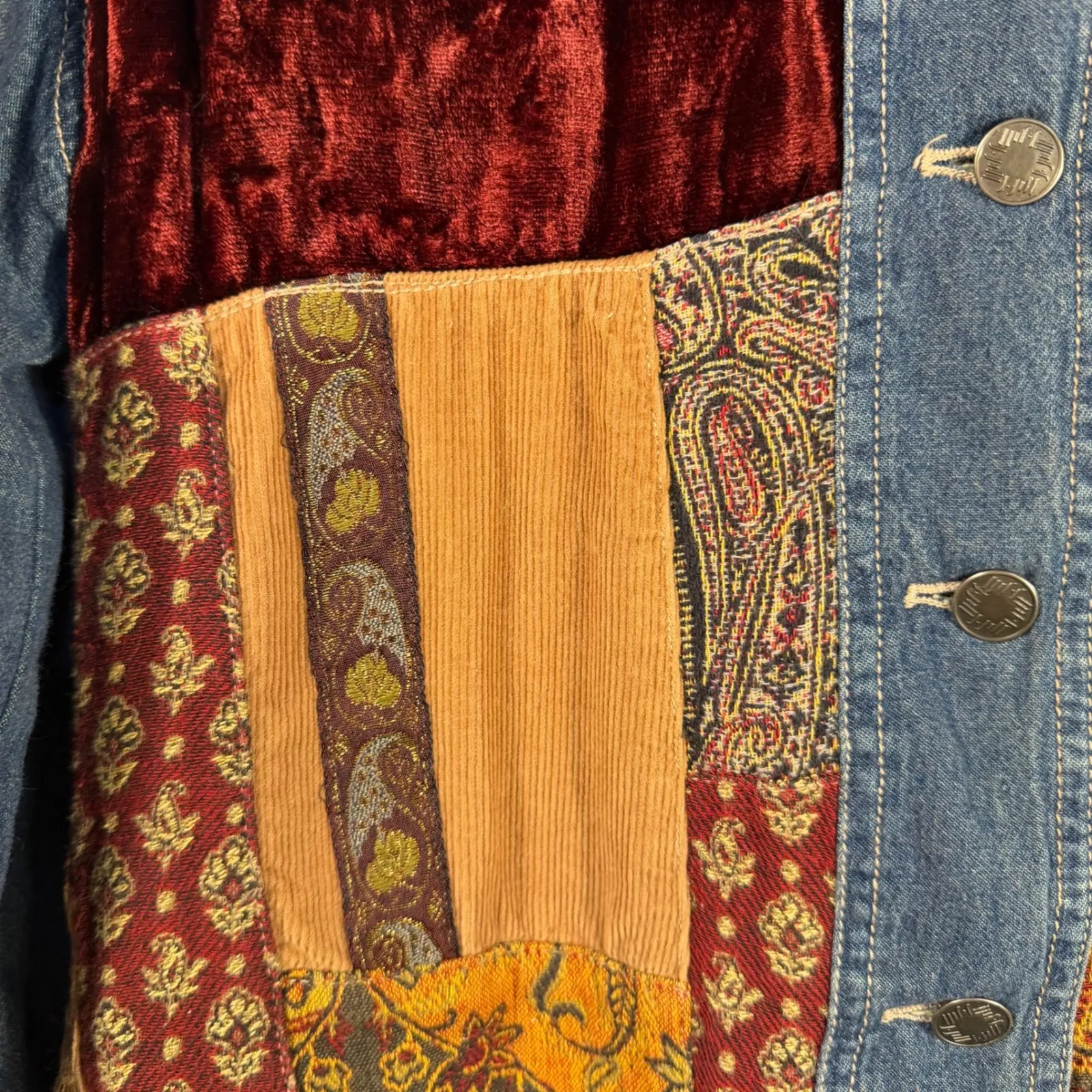 J. Jill Cut of the Blue Patchwork Women's Denim Jacket Petite Medium Tapestry - Image 2