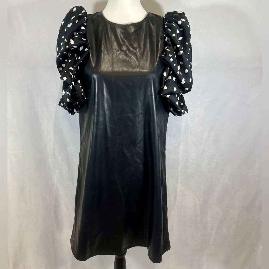 THML Lucia black & white satin tuck pleat puff sleeve faux leather dress medium - Image 4