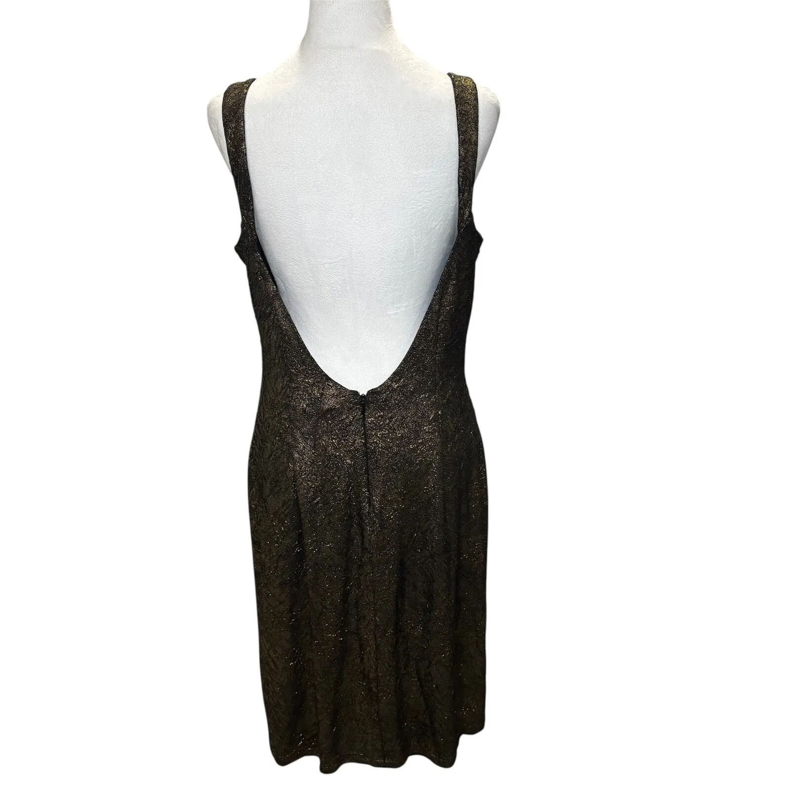 David Meister Bronze Gold Metallic Ruched Backless Textured Cocktail Dress 12 - Image 4