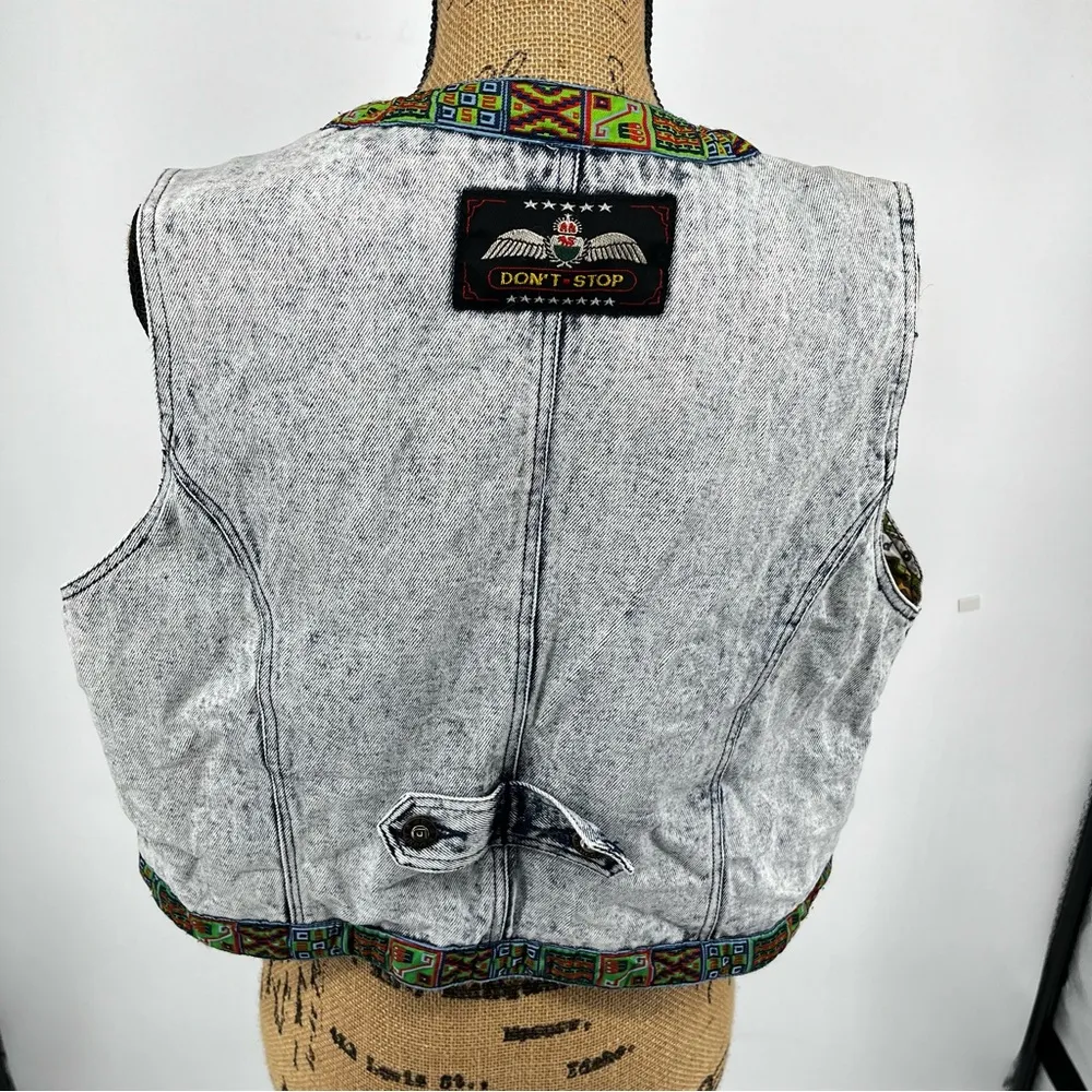 Vintage‎ Acid Wash Native Denim Vest Waistcoat Unique Artsy Eclectic 80s Medium - Image 4