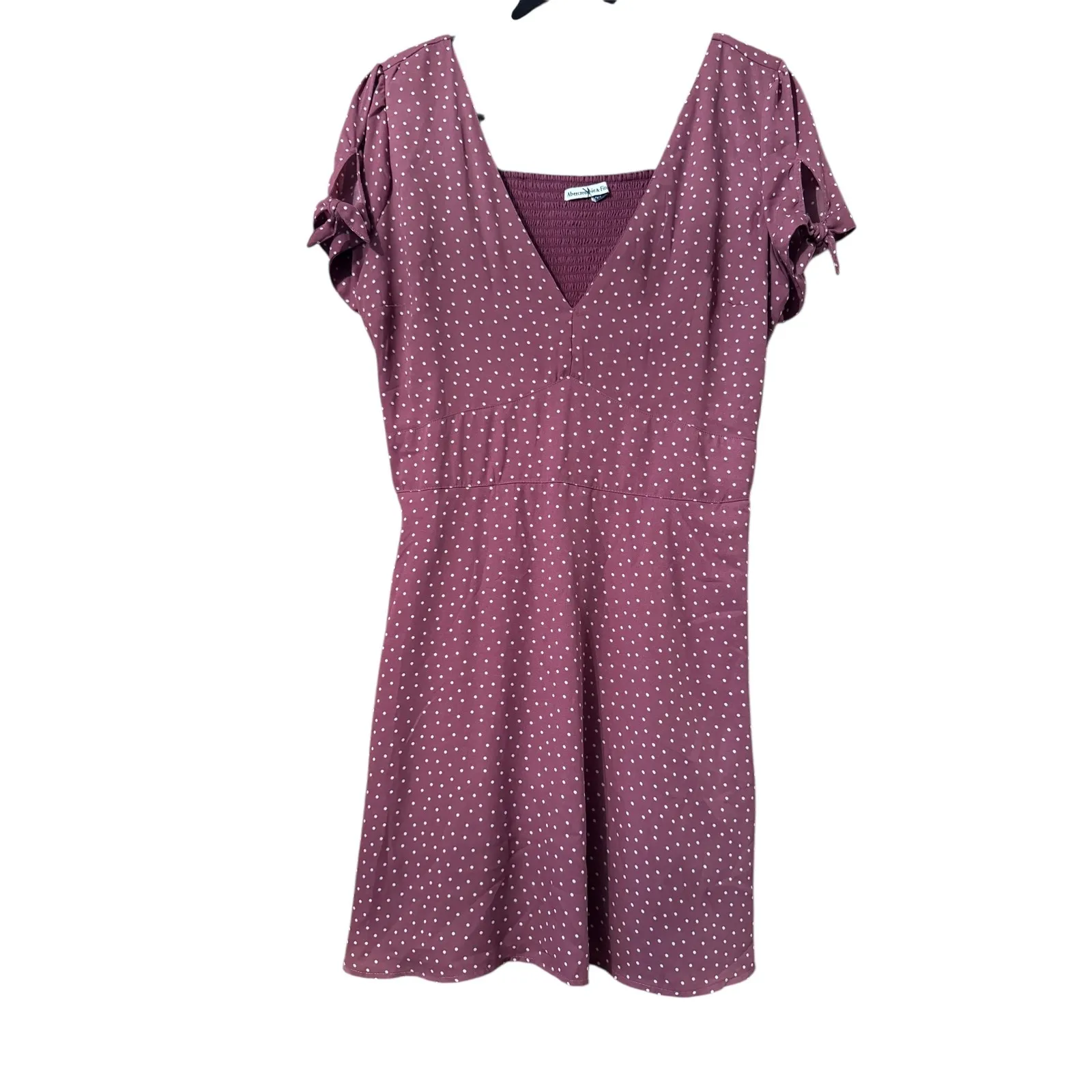 Abercrombie & Fitch Burgundy Polka Dot Smocked 90's Tie Sleeve Mini Dress L - Image 2